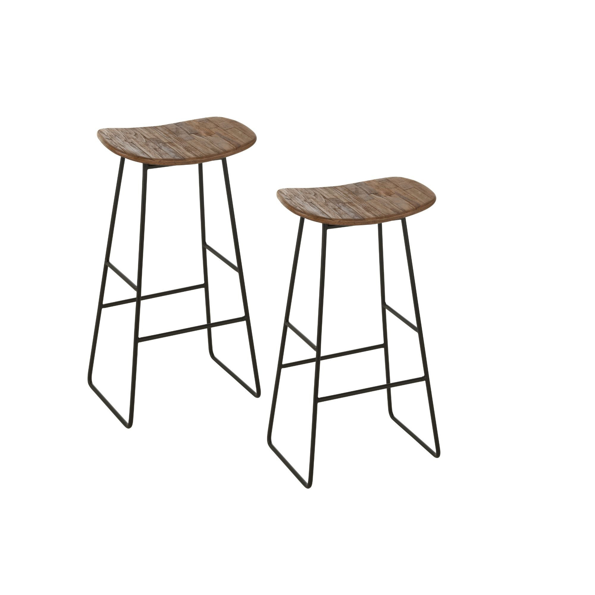 Lot de 2 tabourets de bar en teck recyclé brossé et en métal marron
