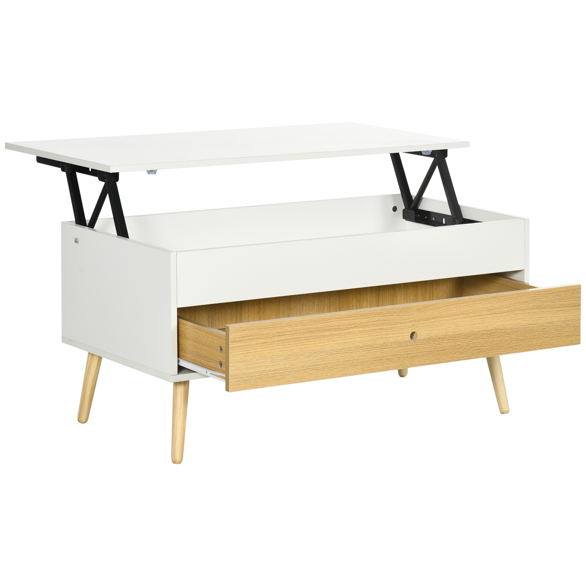 Table basse relevable – tiroir, coffre – blanc aspect bois clair