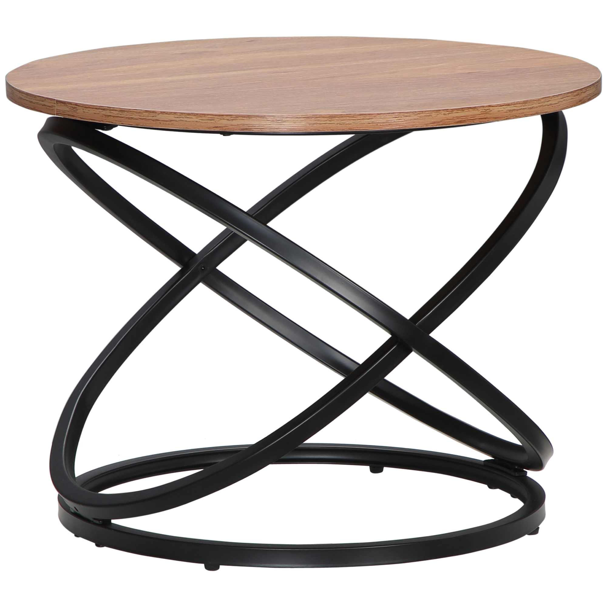 Table basse ronde design néo-rétro acier anneaux noir effet bois clair