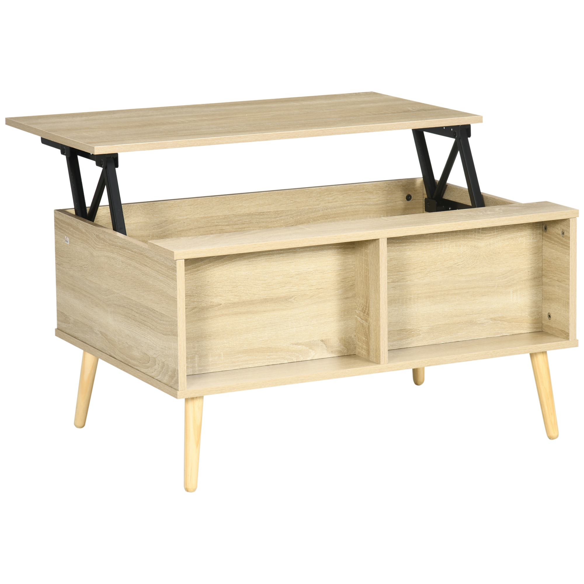 Table basse relevable – 2 niches, coffre – aspect bois chêne clair