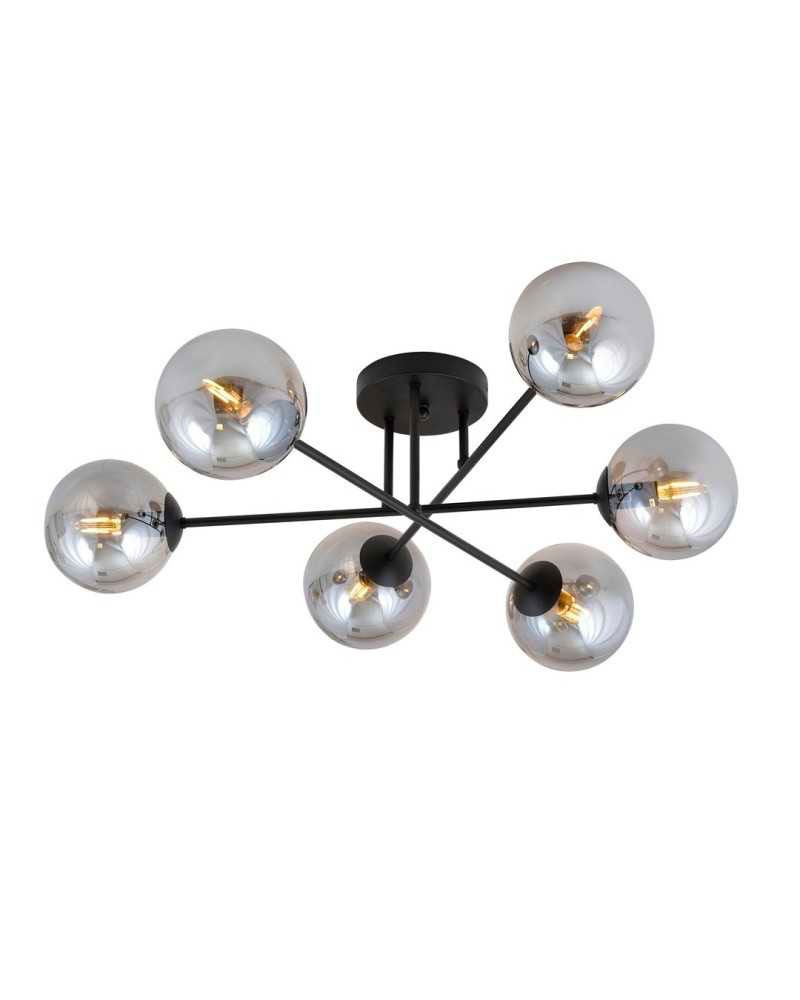 Suspension en métal noir et 6 globes en verres chromé noir, H: 26cm