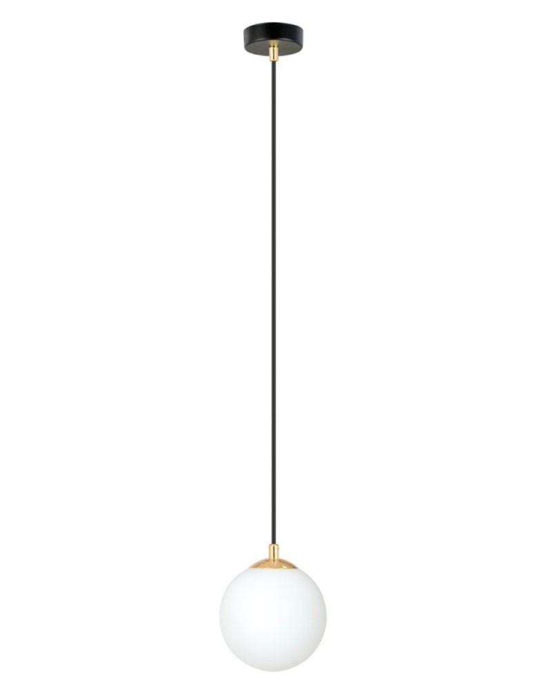 Suspension en métal noir et doré et globe en verre opaque, H: 100cm