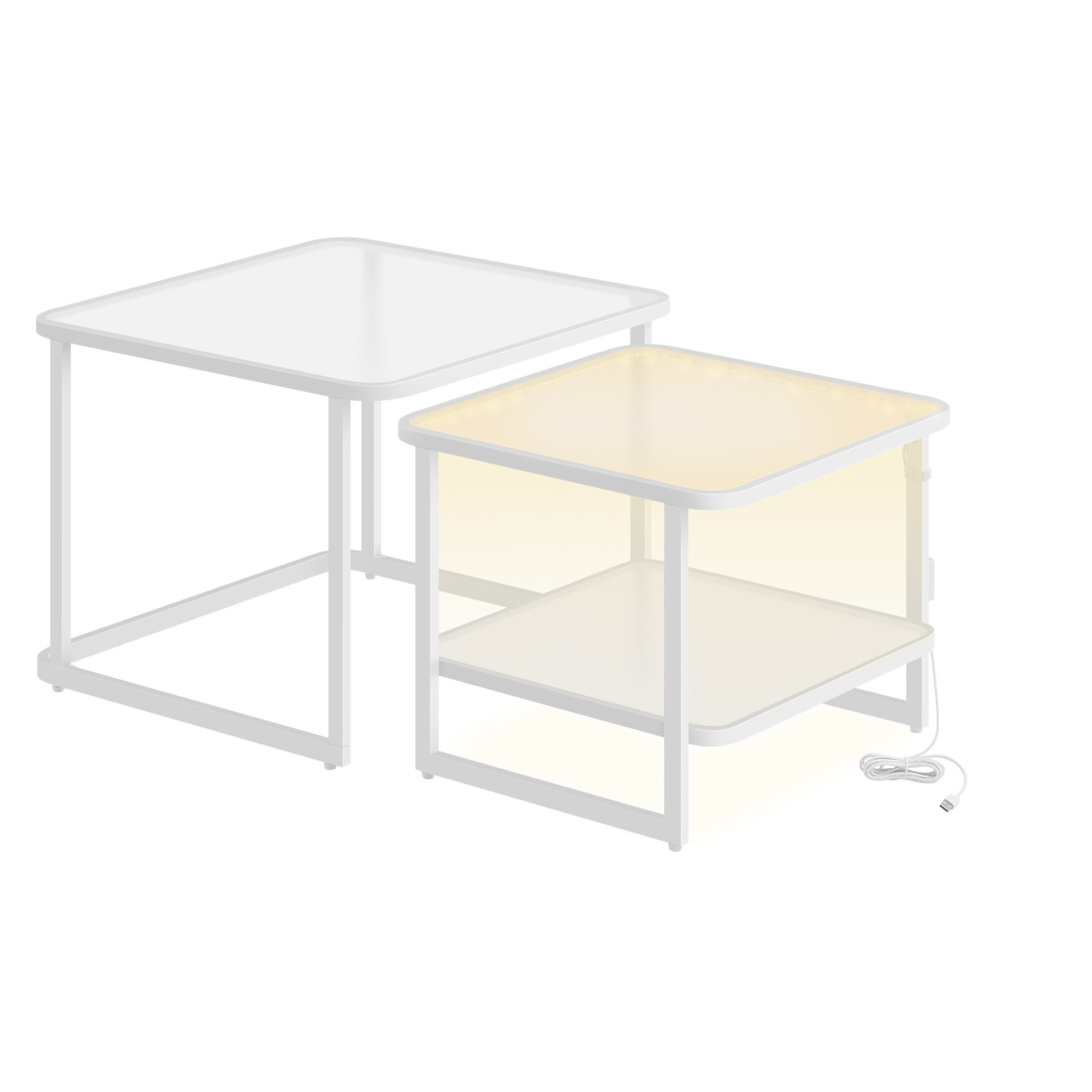 Lot de 2 tables basses gigognes verre givré blanc nuage et blanc perle