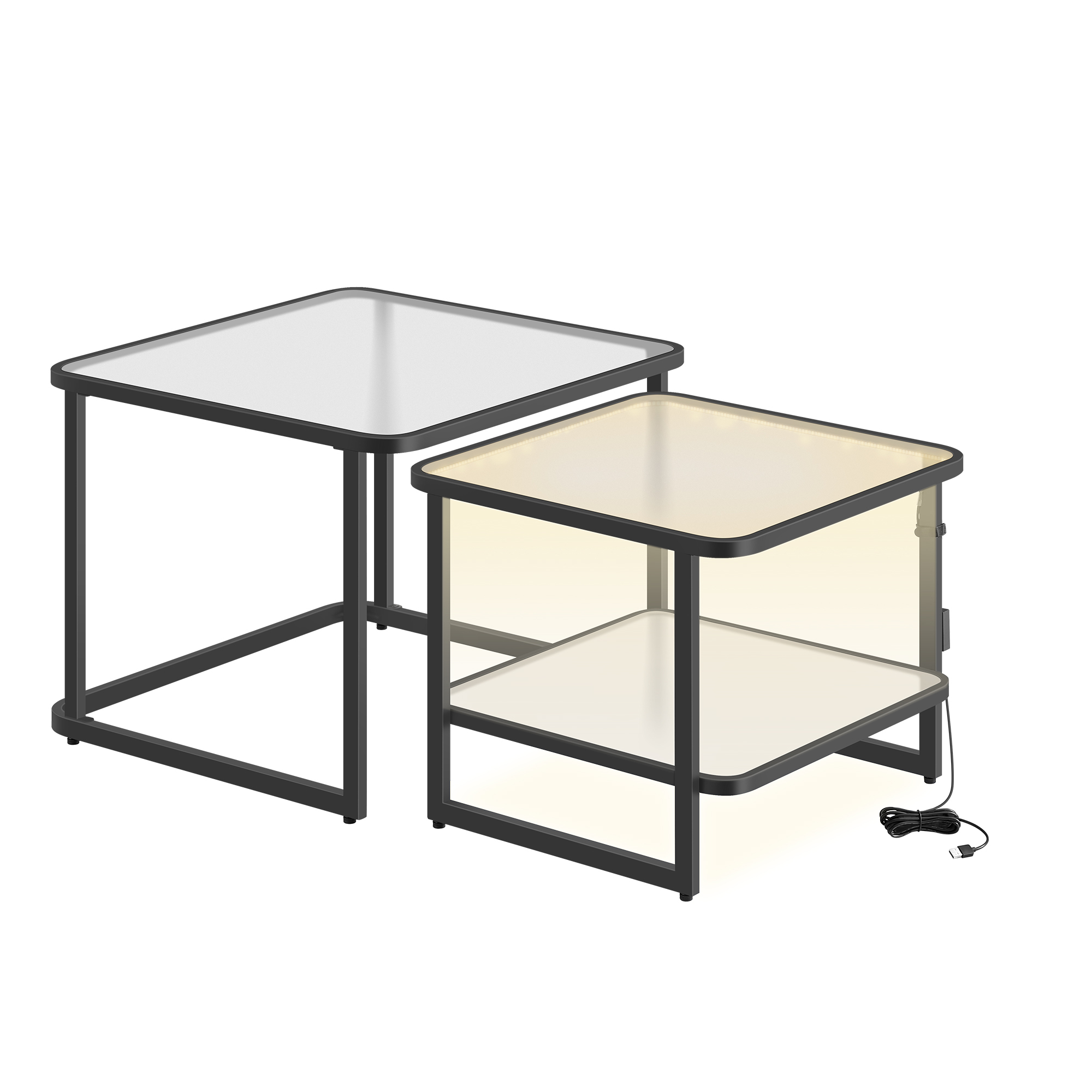 Lot de 2 tables basses gigognes verre givré blanc nuage et noir