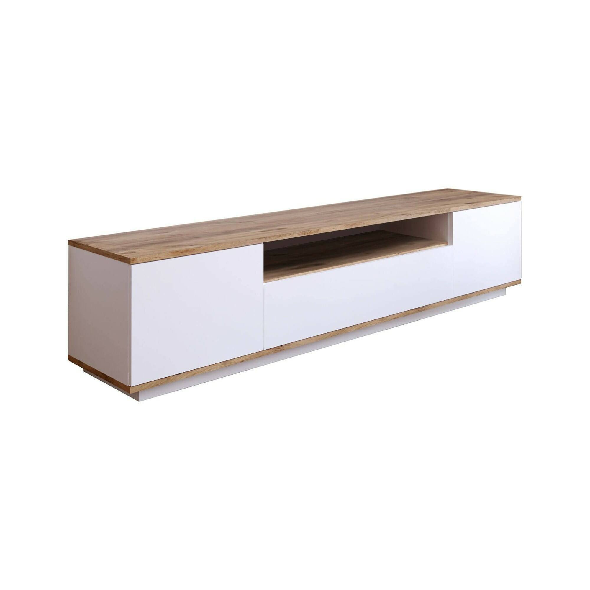 Meuble TV effet bois beige, blanc 180×45  cm