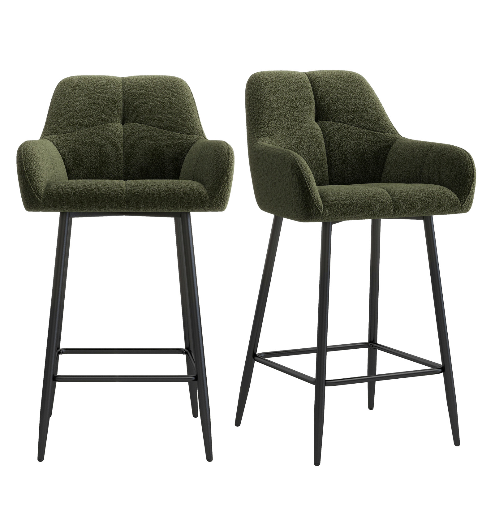 LEA-Tabouret de bar en tissu bouclé Vert Army et métal noir (x2)