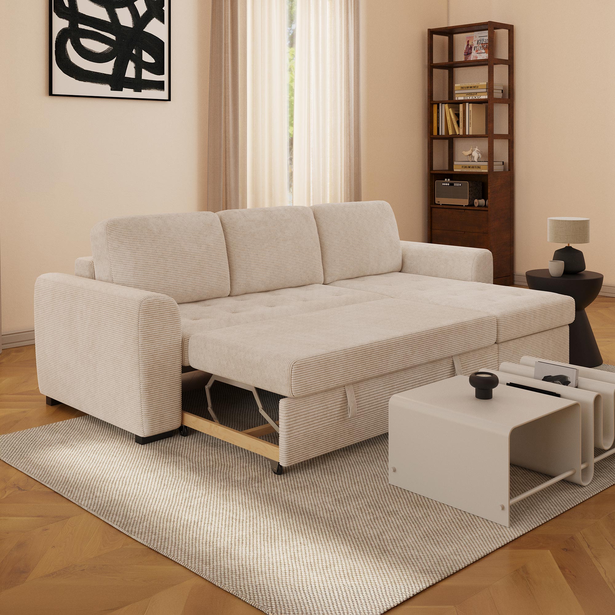 emeline - Canapé convertible velours côtelé Beige - Vue supplémentaire 2