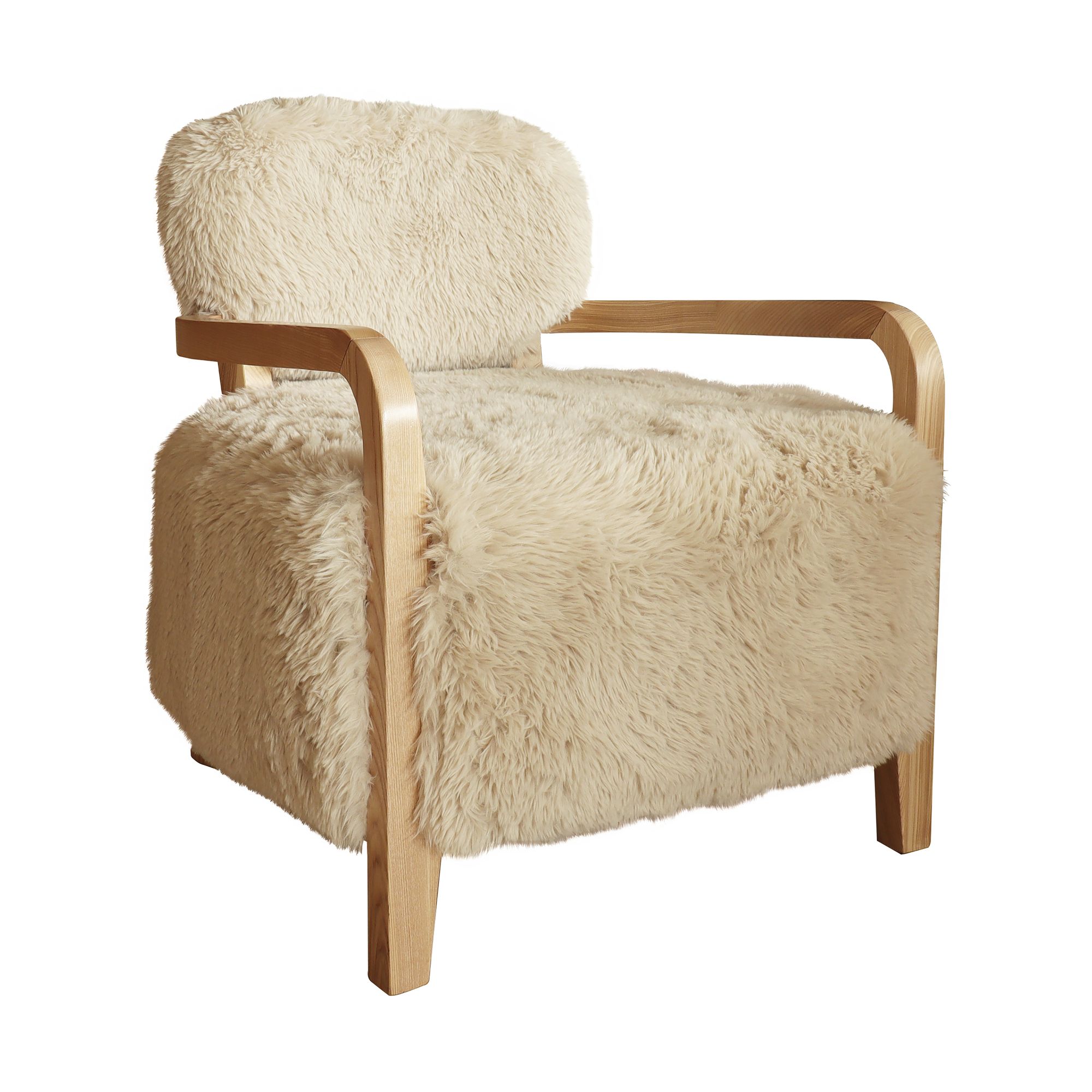 Fauteuil effet fourrure beige et structure en bois