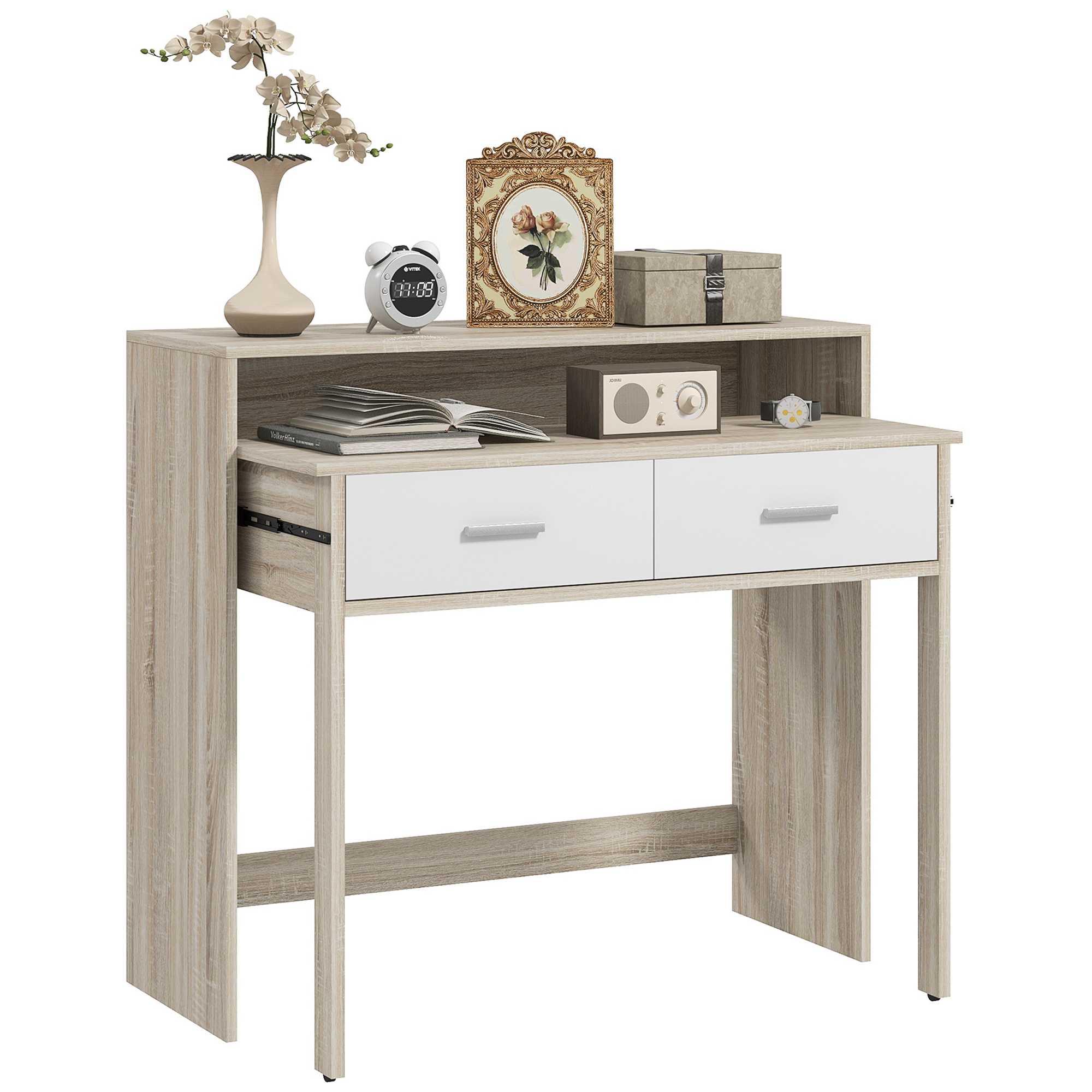 Console secrétaire 2 en 1 – plateau coulissant 2 tiroirs blanc naturel