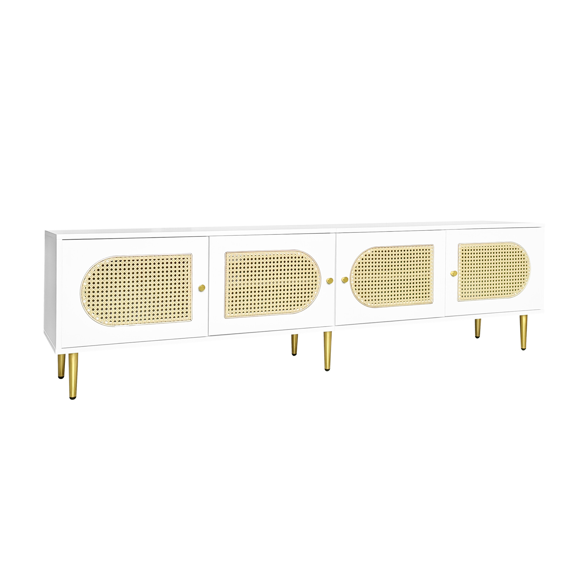Meuble TV blanc en rotin 4 portes poignées pieds dorés 180x40x50cm