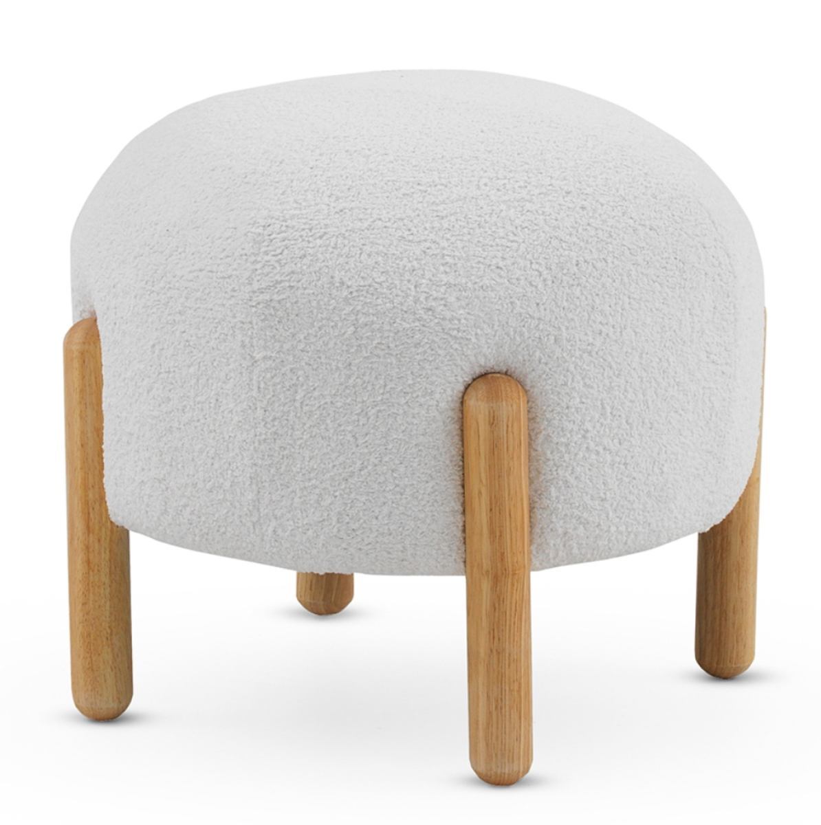 Pouf tapissé en boucle blanche avec structure et pieds en pin naturel