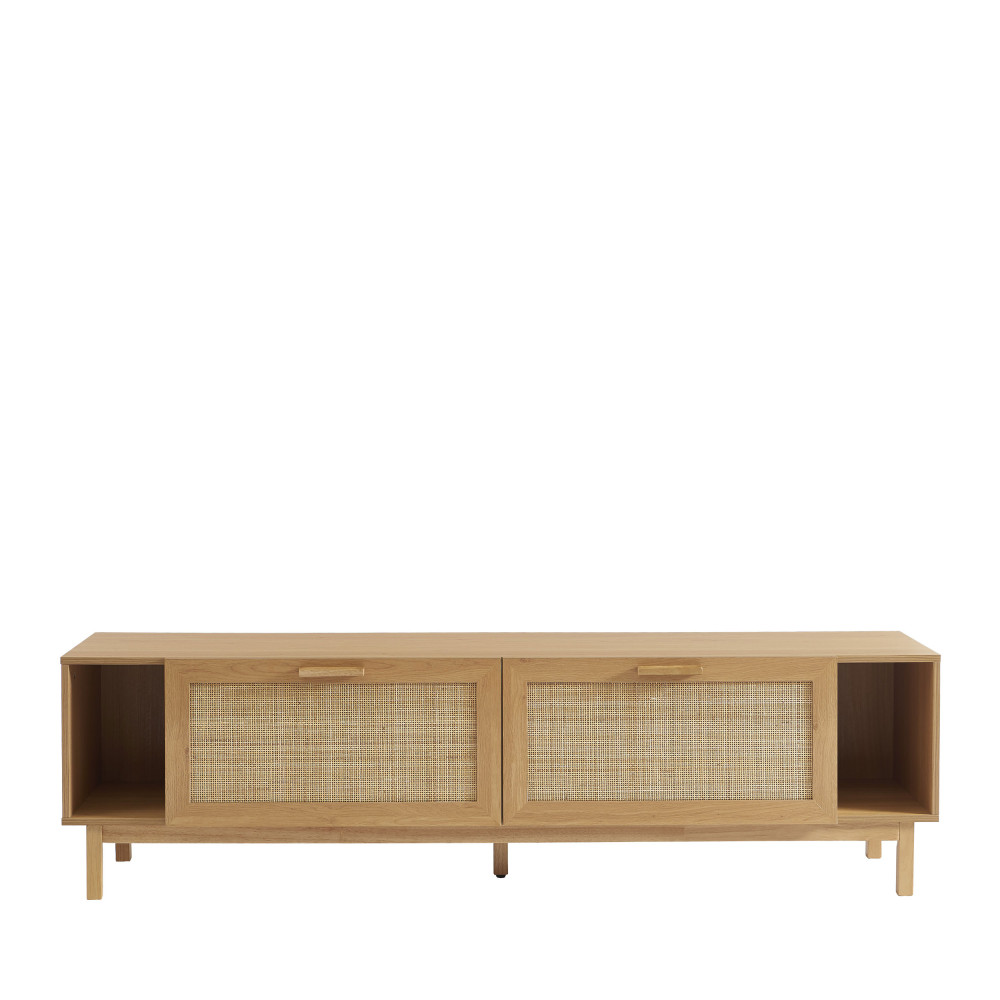 Meuble TV 2 portes en bois et cannage L180cm – Bois clair
