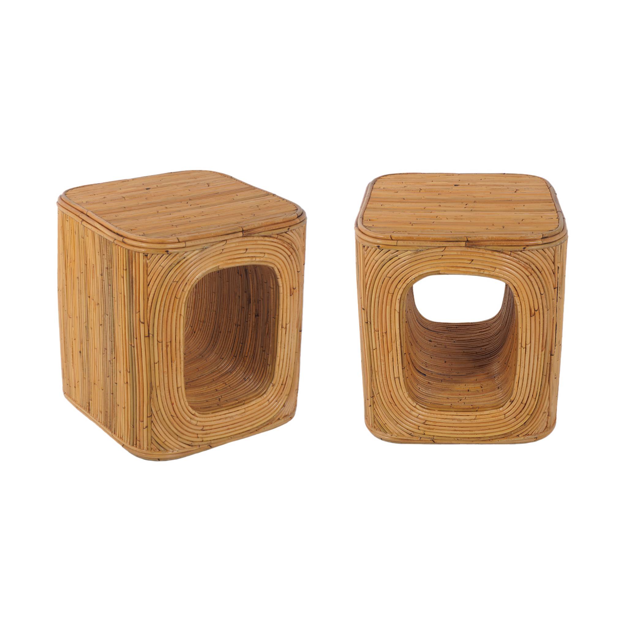 Lot de 2 tables d’appoint en rotin naturel, cubiques 45cm