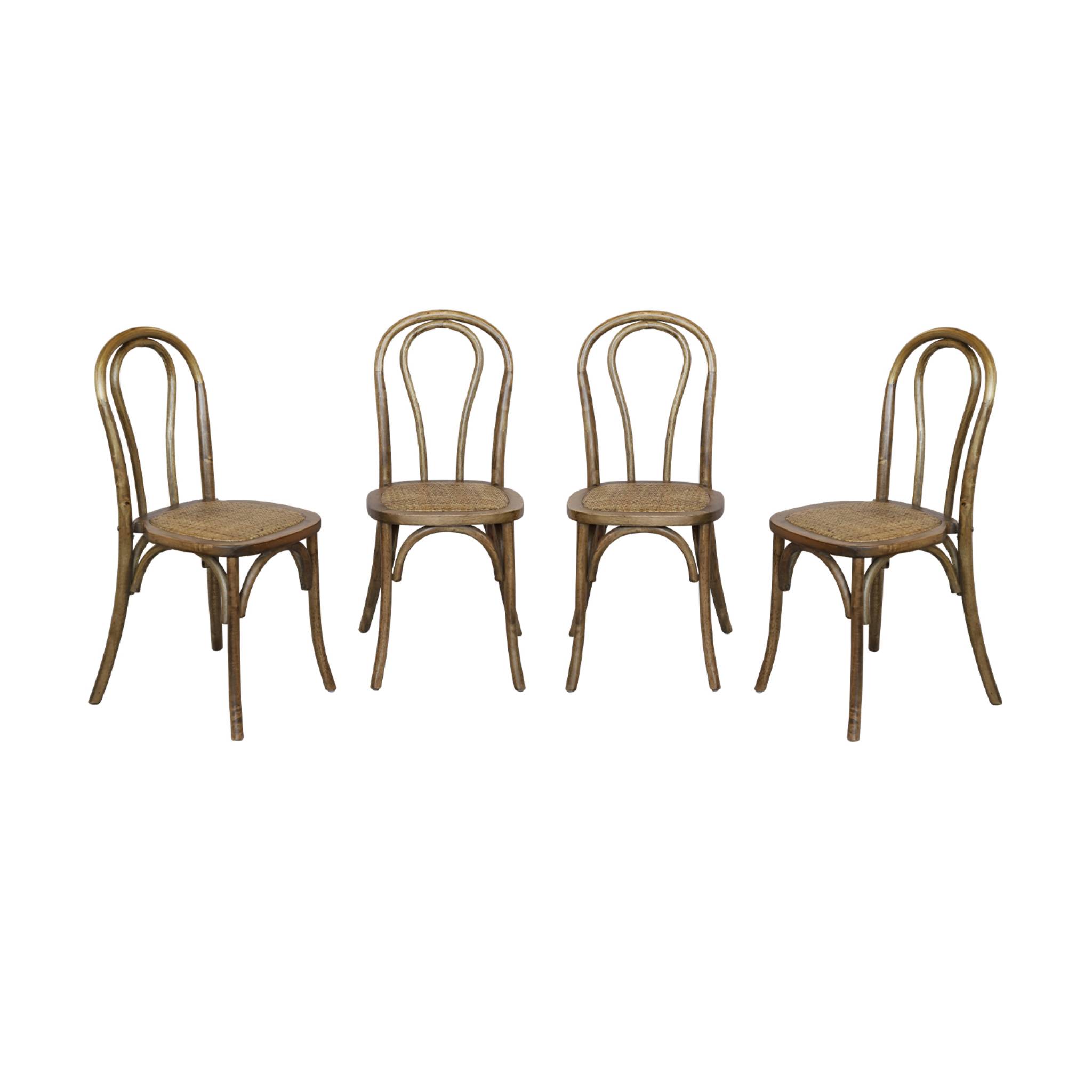Lot de 4 chaises vintage en bois avec assise en rotin, marron vieilli
