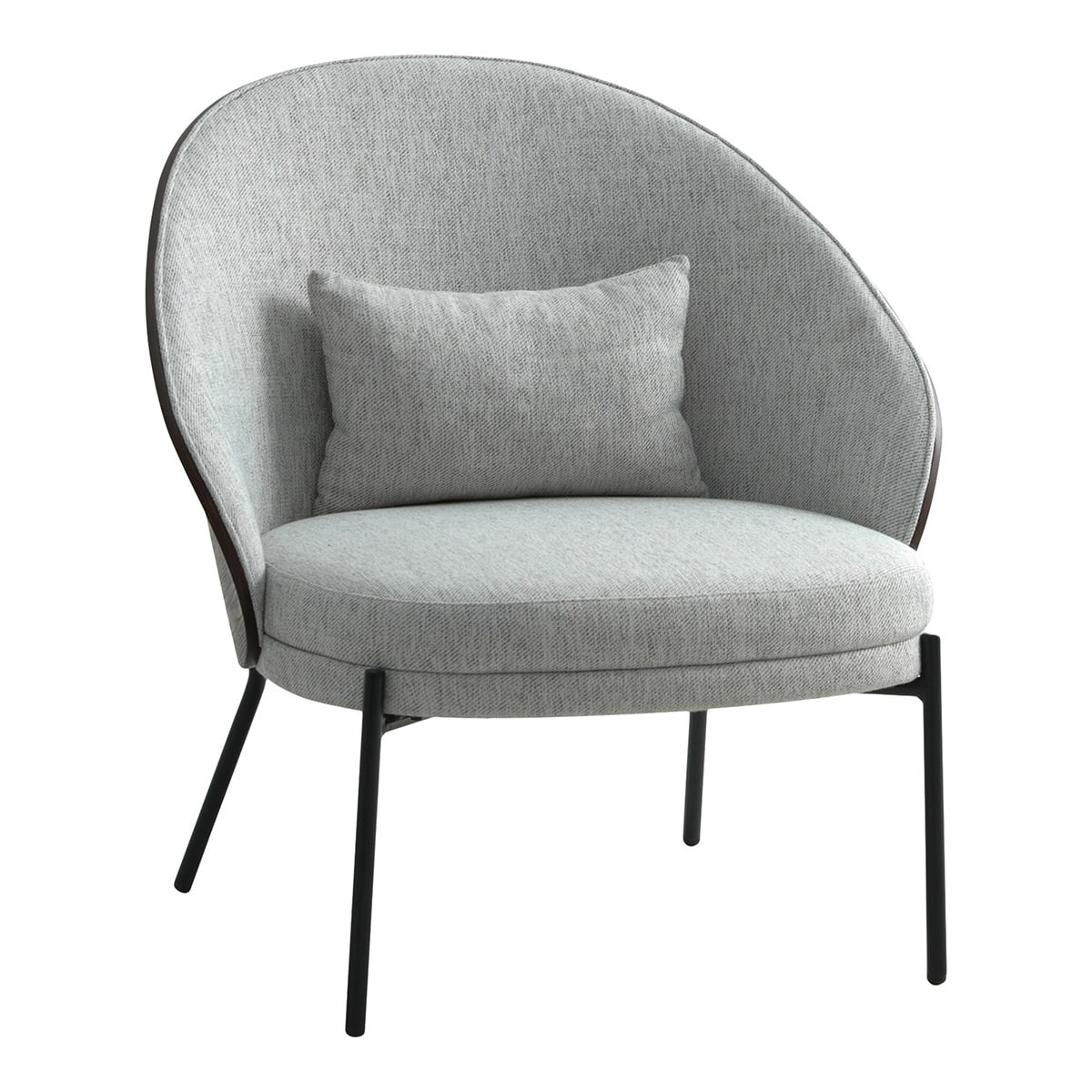 Fauteuil  tissu gris chiné dossier bois imitation noyer pieds métal no