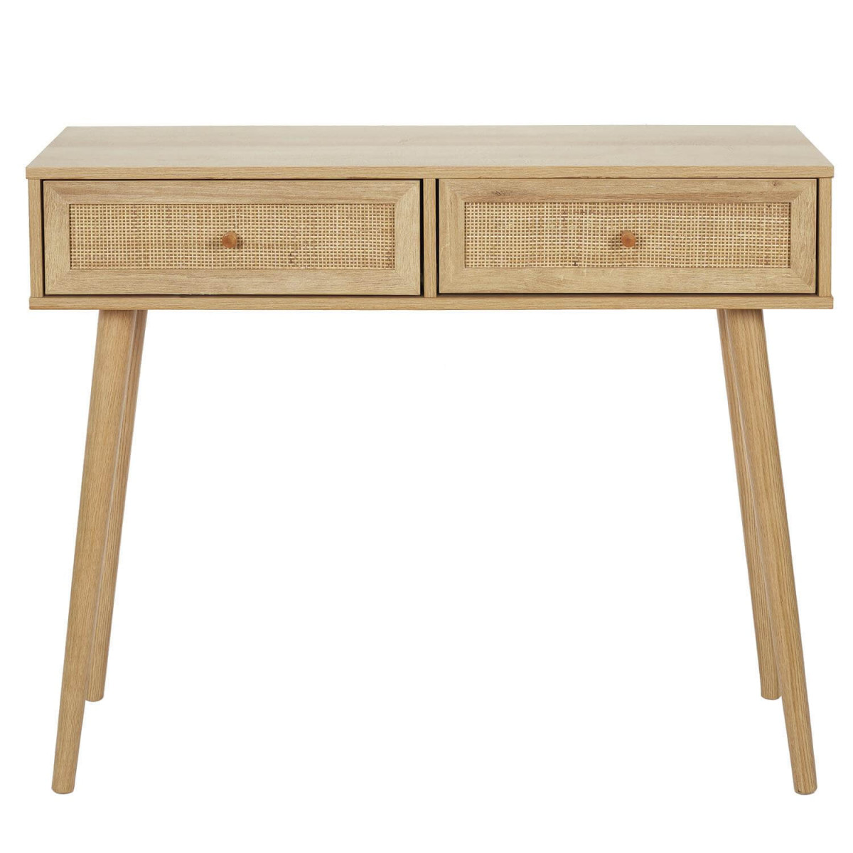 Console  2 tiroirs effet bois et façades rotin