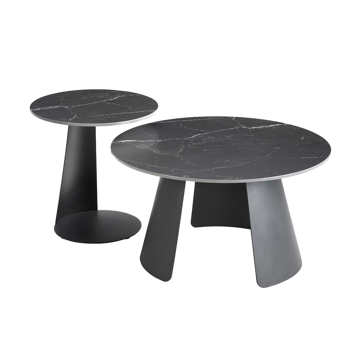 Tables  gigogne plateaux céramique marbré noir pieds métal noir mat