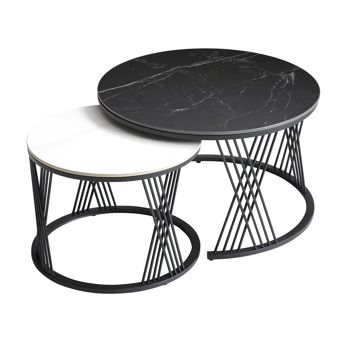 Tables  gigogne plateaux céramique marbrés noir et blanc pieds métal n