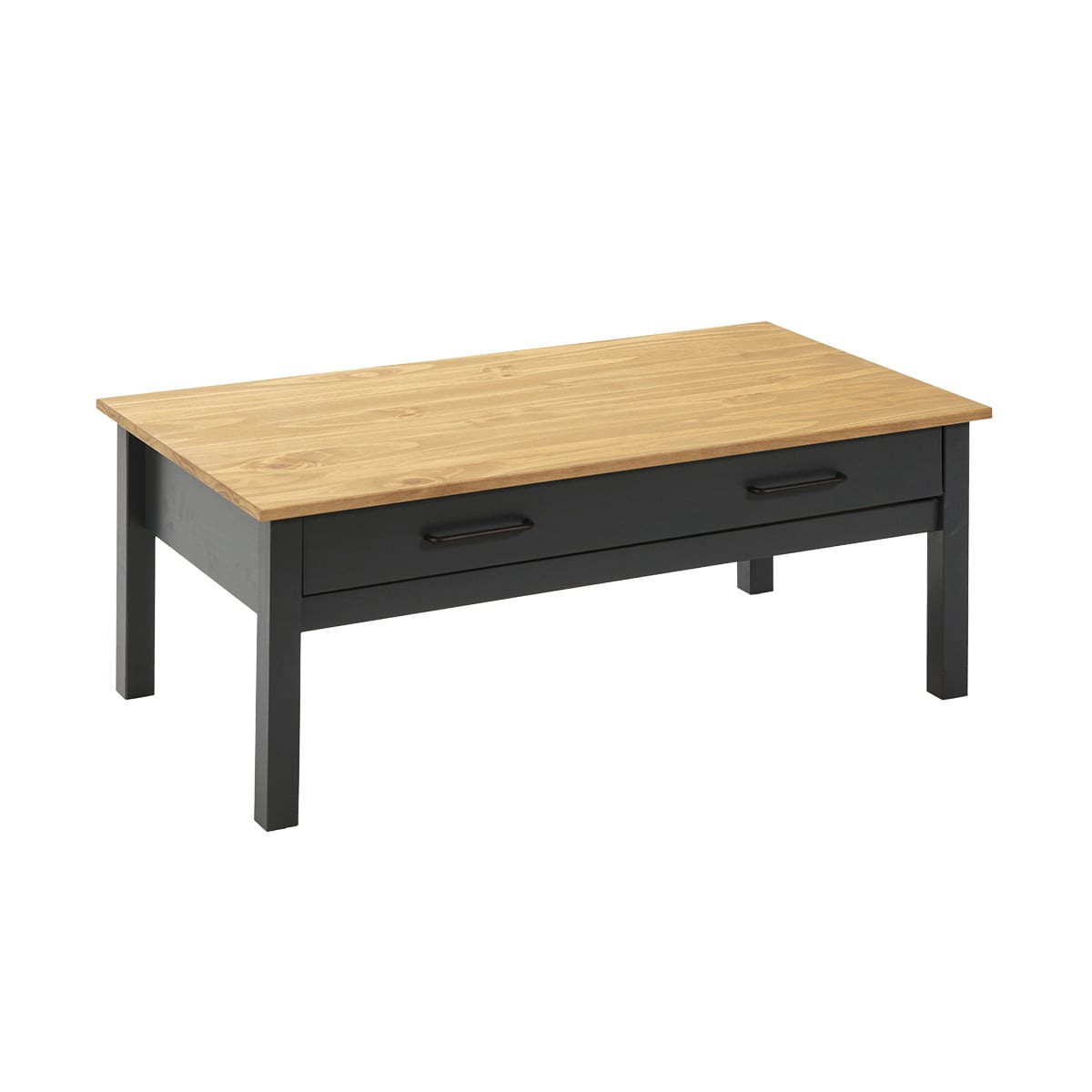 Table  basse rectangulaire 1 tiroir bois ciré et bleu pétrole