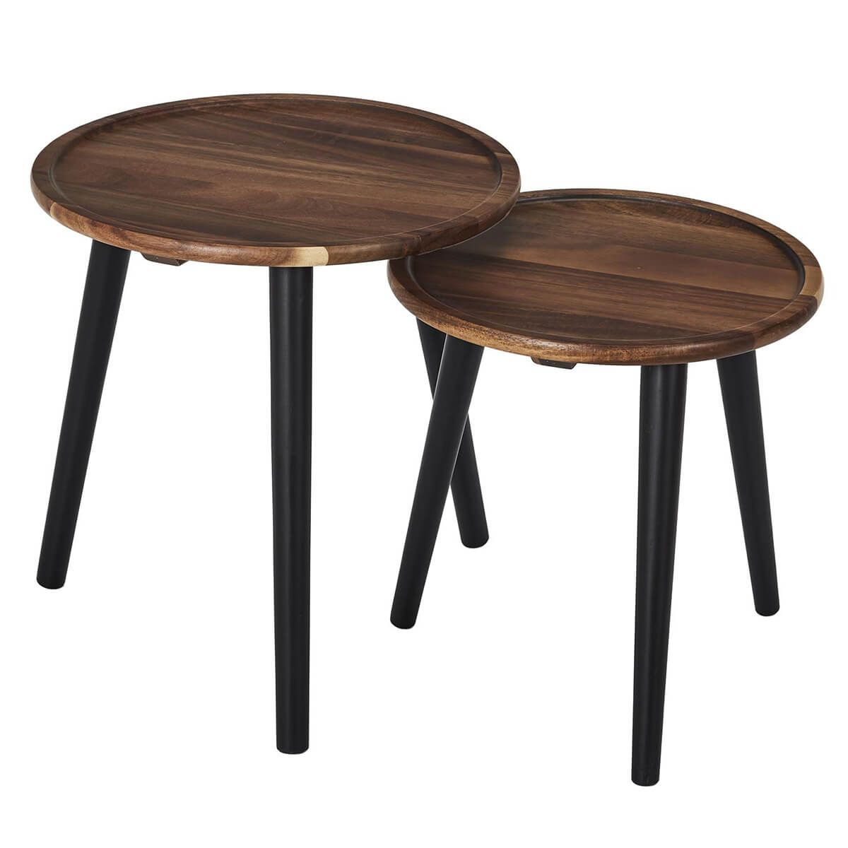 Lot  de 2 tables basses rondes gigogne en acacia teinté noyer