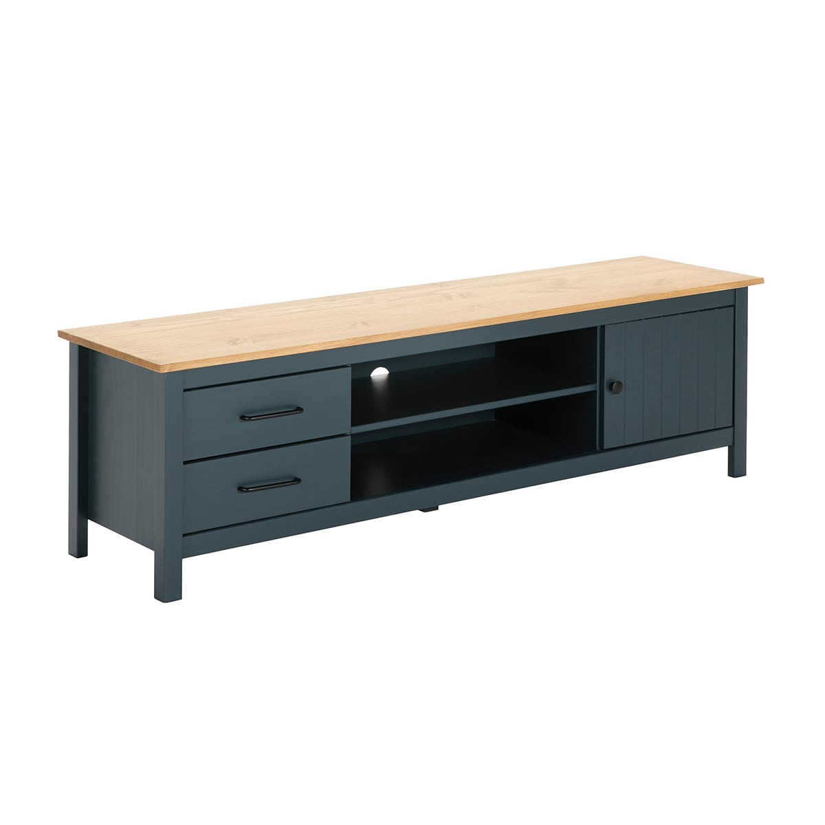 Meuble  tv 1 porte 2 tiroirs bois ciré et bleu pétrole