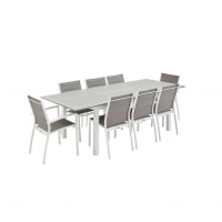 CHICAGO - Ensemble table extensible et chaises 8 places blanc/taupe