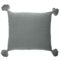 LALY - Coussin en coton gris bleu carré à pompons 80 x 80 cm