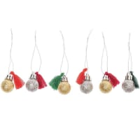 POMPONS - 6 mini bolas navideñas con purpurina y pompones rojos y verdes