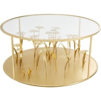 Table basse ronde en verre et acier doré fleurs en relief D80