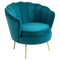 Fauteuil design coquillage pieds dorés effilés velours bleu canard