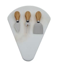 MARBRE - Plateau à fromages en marbre blanc et ses 3 couteaux de service