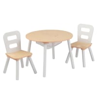 Table ronde et 2 chaises bois naturel et blanc