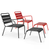 PALAVAS - Lot 2 fauteuils relax avec repose-pieds métal gris et rouge