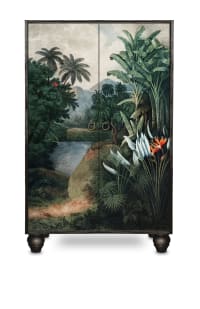 TROPICAL JUNGLE - Buffet armoire en pin massif imprimé tropical sur fond noir.