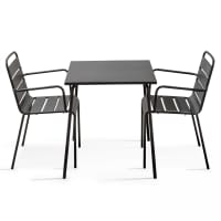 PALAVAS - Table de jardin carrée et 2 fauteuils acier gris