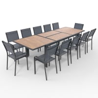 PALONG - Ensemble table extensible en bois + 12 chaises en aluminium gris