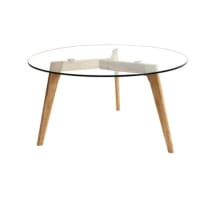 ALEXIA - Table basse ronde design bois et verre beige