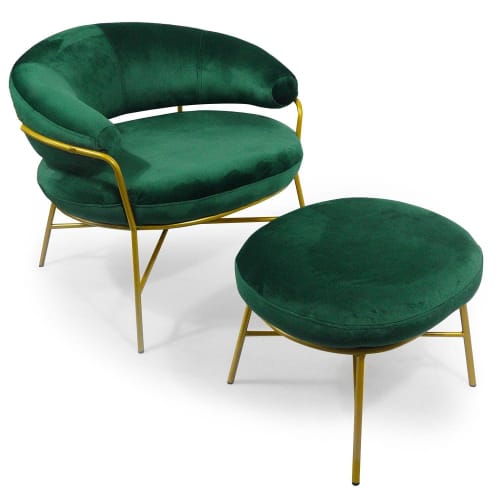 Canapés et fauteuils Fauteuils | Fauteuil avec pouf en velours vert et pieds or - KR08703
