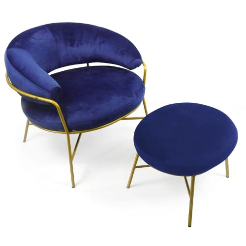 Canapés et fauteuils Fauteuils | Fauteuil avec pouf en velours bleu et pieds or - VP27636