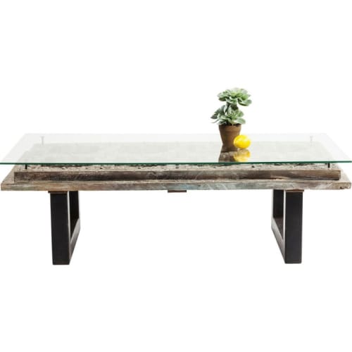 Meubles Tables basses | Table basse en manguier massif sculpté et verre - SQ45134