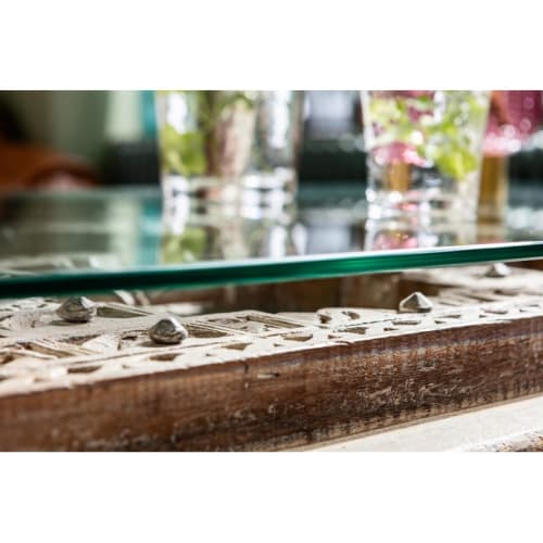 Meubles Tables basses | Table basse en manguier massif sculpté et verre - SQ45134