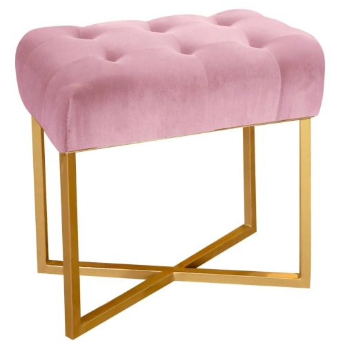 Meubles Tabourets | Tabouret pouf rectangle  velours rose pied or - MO50744