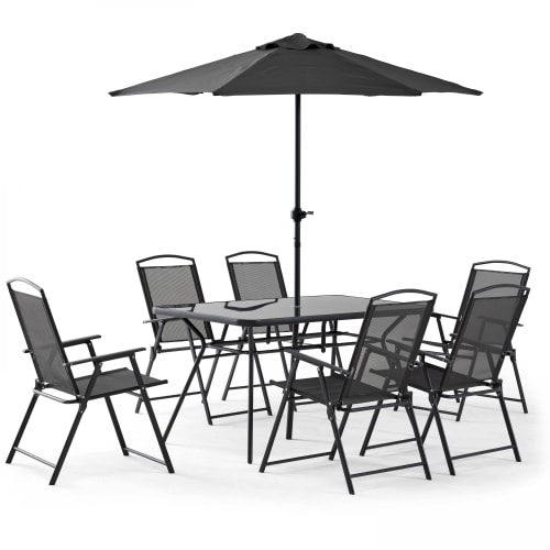 Jardin Ensemble table et chaises de jardin | Ensemble table de jardin 6 places avec parasol gris - GU50999