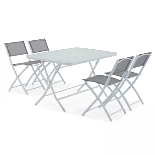 Table de jardin et 4 chaises pliantes en acier et verre gris | Maisons du Monde