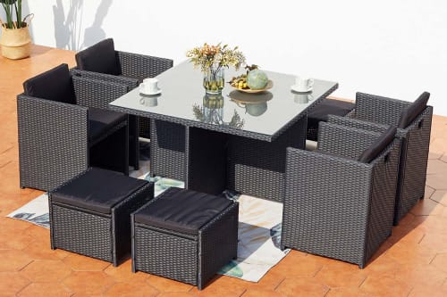 Jardin Ensemble table et chaises de jardin | Table et chaises 8 places encastrables en résine noir/noir - JV13998