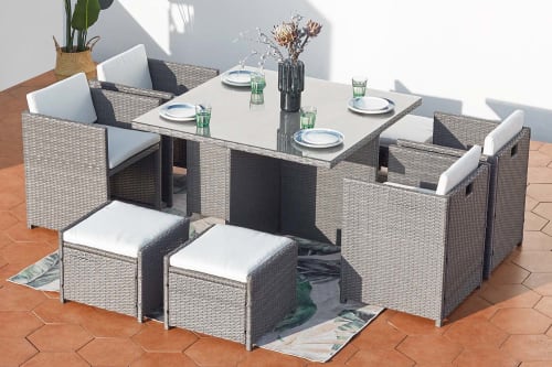 Jardin Ensemble table et chaises de jardin | Table et chaises 8 places encastrables en résine gris/blanc - EC66391