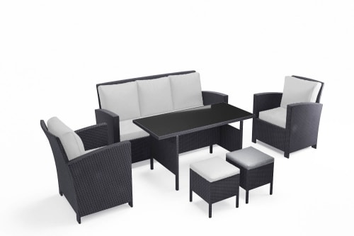 Jardin Ensemble table et chaises de jardin | Salon de jardin 7 places en résine tressée noir et blanc - TE36428