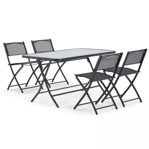 Jardin Ensemble table et chaises de jardin | Table de jardin et 4 chaises pliantes en acier et verre noir - VZ69116