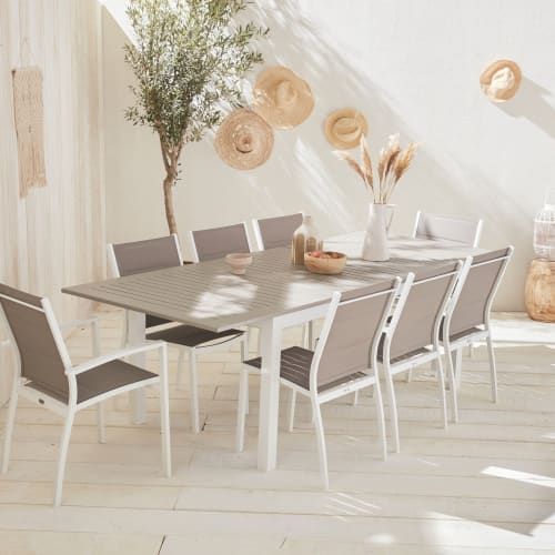 Jardin Ensemble table et chaises de jardin | Ensemble table extensible et chaises 8 places blanc/taupe - NR85536