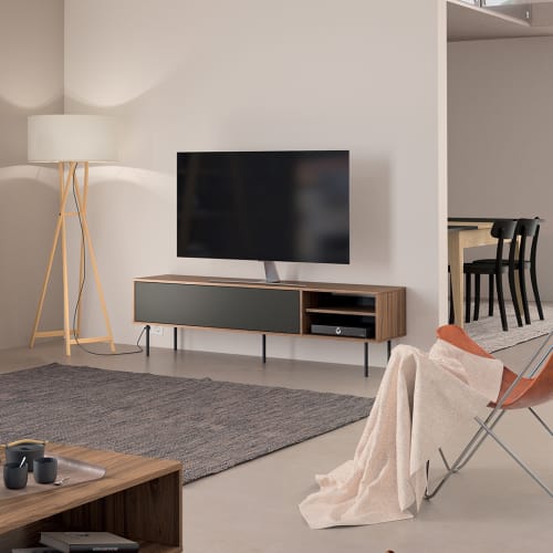 Meuble TV 1 porte 2 tiroirs effet chêne, piétement gris anthracite 138 cm -  Flavia - Homifab